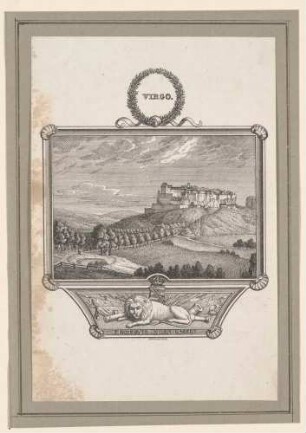 Die Festung Königstein in der Sächsischen Schweiz, in einer Kartusche mit Löwen