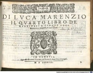 DI LVCA MARENZIO IL QVARTO LIBRO DE MADRIGALI A CINQVE VOCI