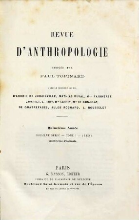 Revue d'anthropologie. 15 = 3. Sér., T. 1. 1886