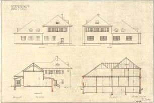 Fischer, Theodor; Bad Tölz (Bayern); Gewerbehalle - Ansichten, Querschnitt, Längsschnitt