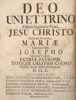 Deo uni et trino omnis sapientiæ fonti, Jesu Christo ...