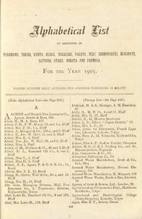 Alphabetical list of residents in Yokohama, Tokyo, Kyoto, Osaka, Nagasaki, Nagoya, Mji, Shimonoseki, Hakodate, Sapporo, Otaru, Niigata and Formosa, for the year 1905