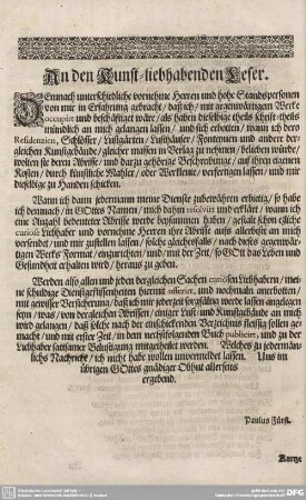 An den Kunst-liebenden Leser.