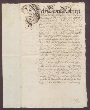 Gültverschreibung des Georg Köberer und seiner Frau Anna, beide zu Eggenstein, über 20 Gulden Hauptgut, für das sie jährlich einen Gulden an die geistliche Verwaltung zu Mühlburg zahlen.