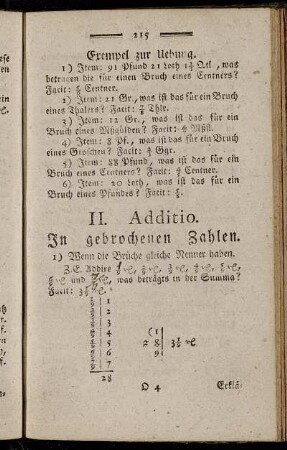 II. Additio. In gebrochenen Zahlen