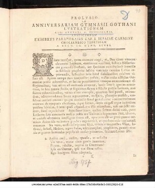 Prolvsio In Anniversariam Gymnasii Gothani Lvstrationem Kal. Avgvsti A. MDCCLVII. Avspicandam Exhibens Paraphrasin Cap. I. Iesaiae Carmine Choliambico Expressam A Rect. Io. Henr. Stvss : [P.P. Prid. Kal. Aug. a. MDCCLVII.]