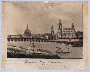 Stadtansicht von Dresden, Blick von der rechten Elbseite in Höhe des Gartens des Japanischen Palais auf die Altstadt nach Südosten, im Vordergrund Spaziergänger und Boot
