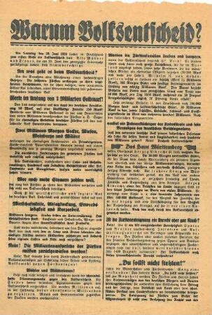 "Warum Volksentscheid?" Flugblatt für die Zustimmung zur Fürstenenteignung