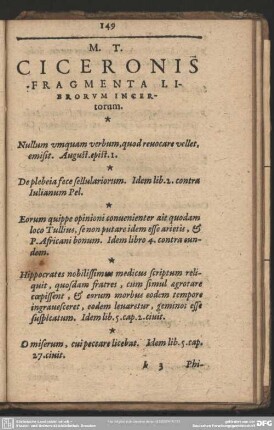 M. T. Ciceronis Fragmentorum Lierorm Incertorum