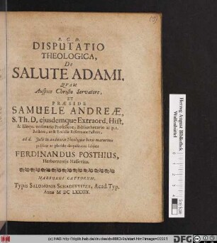 Disputatio Theologica, De Salute Adami