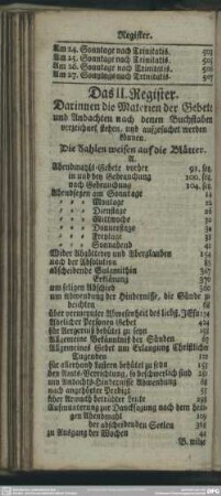 Das II. Register. Darinnen die Materien der Gebete und Andachten nach denen Buchstaben verzeichnet stehen, und aufgesuchet werden können