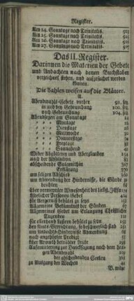 Das II. Register. Darinnen die Materien der Gebete und Andachten nach denen Buchstaben verzeichnet stehen, und aufgesuchet werden können