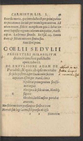 Coelii Sedulii Presbyteri Mirabilium divinorum, sive paschalis operis, Liber II.