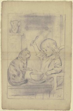 Kind am Esstisch mit Katze