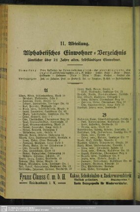 II. Abteilung. Einwohnerverzeichnis : II. Abteilung. Alphabetisches Einwohner-Verzeichnis