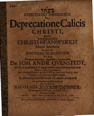 Exercitatio Theologica De Deprecatione Calicis Christi