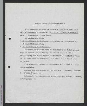 Mitteilung zur 2. Kommunalpolitischen Tagung des ADF am 1. und 2. Oktober 1927 in Eisenach