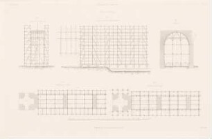 Diemel-Viadukt, Liebenau (?): Längssansicht, Schnitte, Grundrisse 1. und 2. Ebene (aus: Atlas zur Zeitschrift für Bauwesen, hrsg. v. G. Erbkam, Jg. 2, 1852)