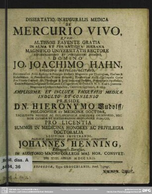 Dissertatio Inauguralis Medica De Mercurio Vivo