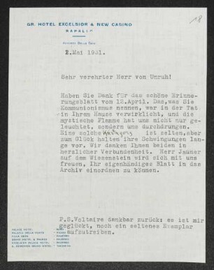 Brief von Gerhart Hauptmann an Fritz von Unruh