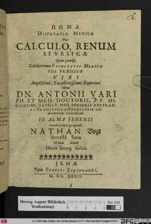 Disputatio Medica De Calculo, Renum Et Vesicae