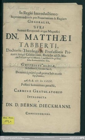 In Regia introductione superintendentis per Pomeraniam et Rugiam generalis ... Dni Matthaei Tabberti