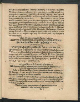 Antwort auf die vorhergehende Notas, Oder Instantias.