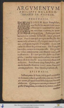 Argumentum Philippi Melanchthonis In Hecyram