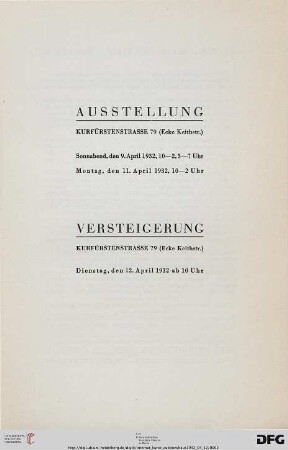 Antiquitäten - Möbel, Sammlung von Delfter Fayencen, Kunstgewerbe : Mobiliar - komplette Speisezimmer, Garnituren, Steinway- und Bechstein-Flügel ; Gemälde, Perser-Teppiche ; [12. April 1932]