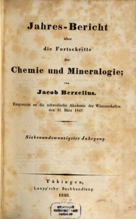 Jahresbericht über die Fortschritte der Chemie und Mineralogie. 27, 27. 1848
