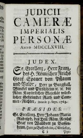 Judicii Cameræ Imperialis Personæ Anno MDCCLLXVIII.