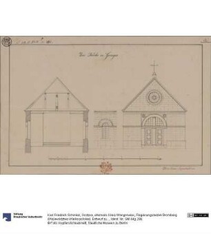 Gorzyce, ehemals Kreis Wongrowiec, Regierungsbezirk Bromberg (Województwo Wielkopolskie). Entwurf zu einer Kirche. Vorderansicht, Profil und Fenster