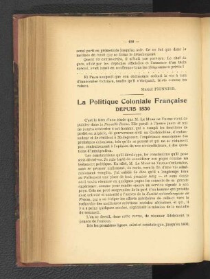 La Politique Coloniale Francaise depuis 1830.