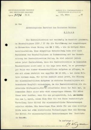 M. Wegner an DAI Athen