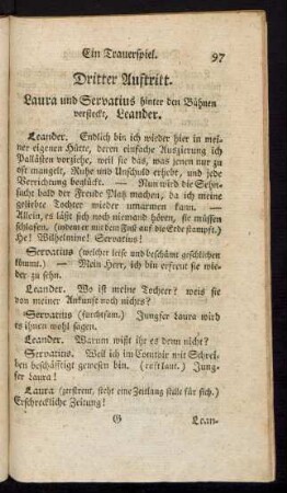 Dritter Auftritt. Laura und Servatius hinter den Bühnen versteckt, Leander.