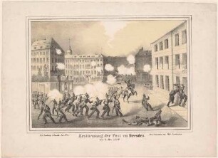 Die Erstürmung der Post auf dem Postplatz in Dresden am 9. Mai 1849 während des Maiaufstandes, Blick nach Osten in die Wilsdruffer Straße mit Barrikaden, links das Stadtwaldschlösschen, rechts die Post