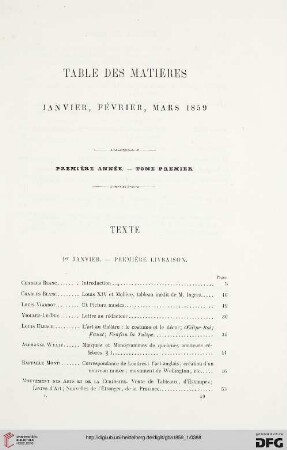 Tables des matières: Janvier, Février, Mars 1859