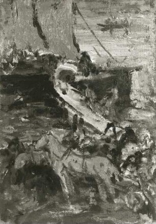 Ladeplatz an der Wolga mit Schimmel : Sterl, Robert: Ladeplatz an der Wolga mit Schimmel. Öl/Leinwand; 40 x 28,5 cm. 1914. Dresden: Galerie Neue Meister 2889