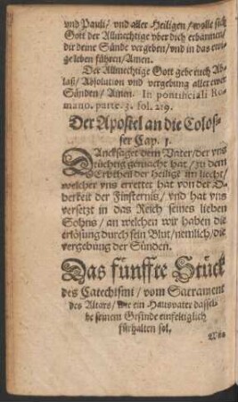 Das fünffte Stück des Catechismi/ vom Sacrament des Altars/ wie ein Hausvater dasselbige seinem Gesinde einfeltiglich fürhalten sol.