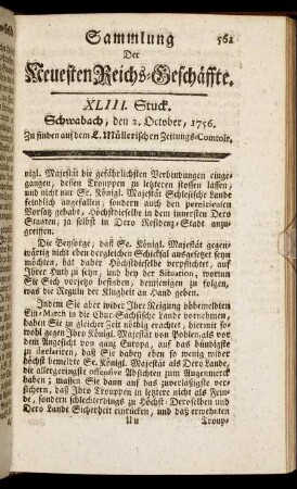 XLIII. Stuck. Schwabach, den 2. October, 1756.