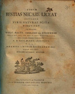 Vtrvm bestias necare liceat, secvndvm ivris natvrae scita disqviret