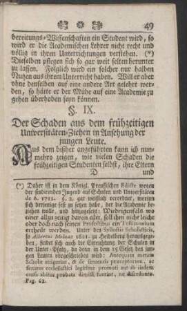 §. IX. Der Schaden aus dem frühzeitigen Universitäten-Ziehen in Ansehung der jungen Leute