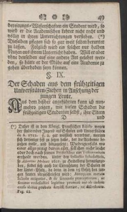 §. IX. Der Schaden aus dem frühzeitigen Universitäten-Ziehen in Ansehung der jungen Leute