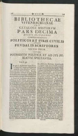 Sectio Prior Sistens Potissimum Politica Et Ad Ius Publicum Spectantia.