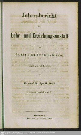 1856/57: Jahres-Bericht der Lehr- und Erziehungs-Anstalt von Dr. Christian Friedrich Krause : womit zur Schulprüfung am ... ergebenst eingeladen wird