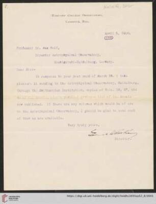Briefe von Edward Charles Pickering an Max Wolf: Brief von Edward Charles Pickering an Max Wolf