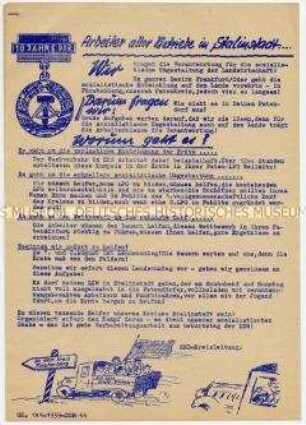 Flugblatt der SED Stalinstadt mit Aufruf an Arbeiter zur Erntehilfe am Sonntag, anlässlich des 10. Jahrestages der DDR-Gründung