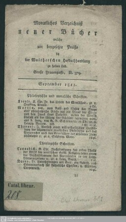 1811,Sep.: Monatliches Verzeichniß neuer Bücher, welche um beygesetzte Preiße in der Waltherschen Hofbuchhandlung zu haben sind