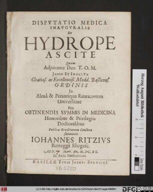 Disputatio Medica Inauguralis De Hydrope Ascite