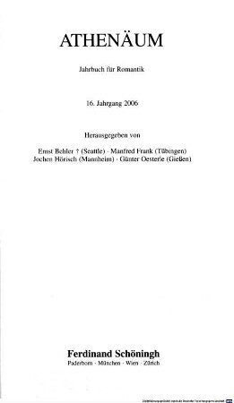 Athenäum : Jahrbuch der Friedrich Schlegel-Gesellschaft, 16. 2006